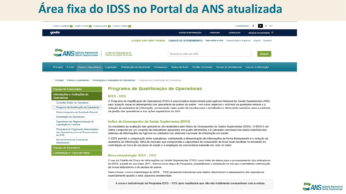 Área fixa do IDSS no Portal da ANS atualizada 