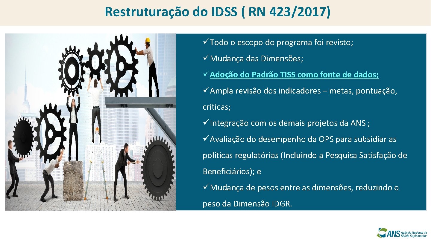 Restruturação do IDSS ( RN 423/2017) üTodo o escopo do programa foi revisto; üMudança