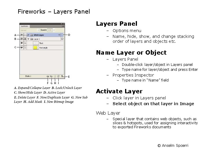 Fireworks – Layers Panel – Options menu – Name, hide, show, and change stacking Fireworks – Layers Panel – Options menu – Name, hide, show, and change stacking