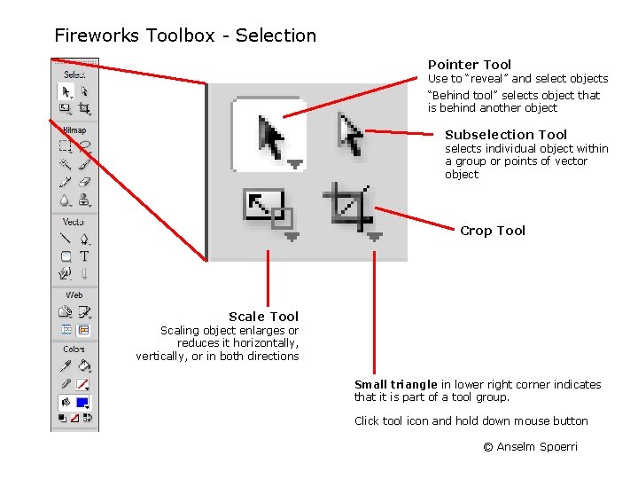 Fireworks Toolbox Selection Pointer Tool Use to “reveal” and select objects “Behind tool” selects Fireworks Toolbox Selection Pointer Tool Use to “reveal” and select objects “Behind tool” selects