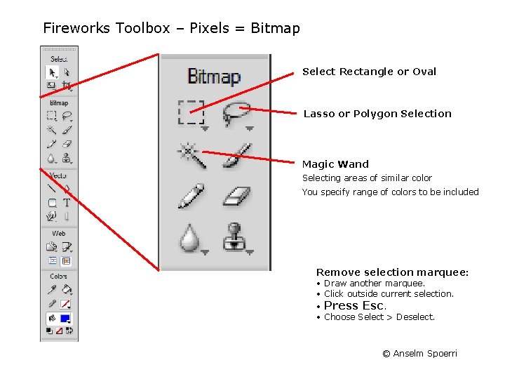 Fireworks Toolbox – Pixels = Bitmap Select Rectangle or Oval Lasso or Polygon Selection Fireworks Toolbox – Pixels = Bitmap Select Rectangle or Oval Lasso or Polygon Selection
