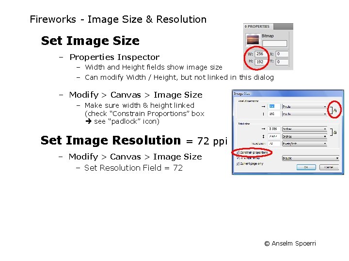 Fireworks Image Size & Resolution Set Image Size – Properties Inspector – Width and Fireworks Image Size & Resolution Set Image Size – Properties Inspector – Width and