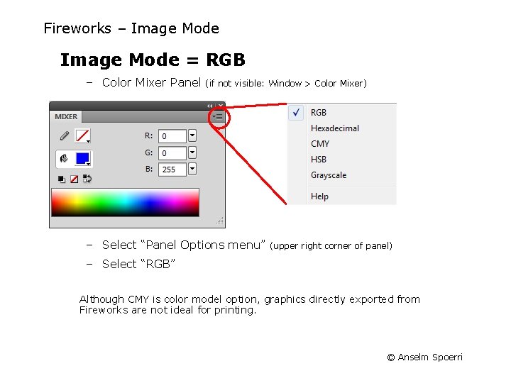 Fireworks – Image Mode = RGB – Color Mixer Panel (if not visible: Window Fireworks – Image Mode = RGB – Color Mixer Panel (if not visible: Window