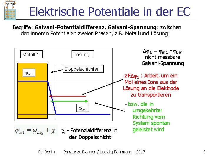 Elektrische Potentiale in der EC Begriffe: Galvani-Potentialdifferenz, Galvani-Spannung: zwischen den inneren Potentialen zweier Phasen,