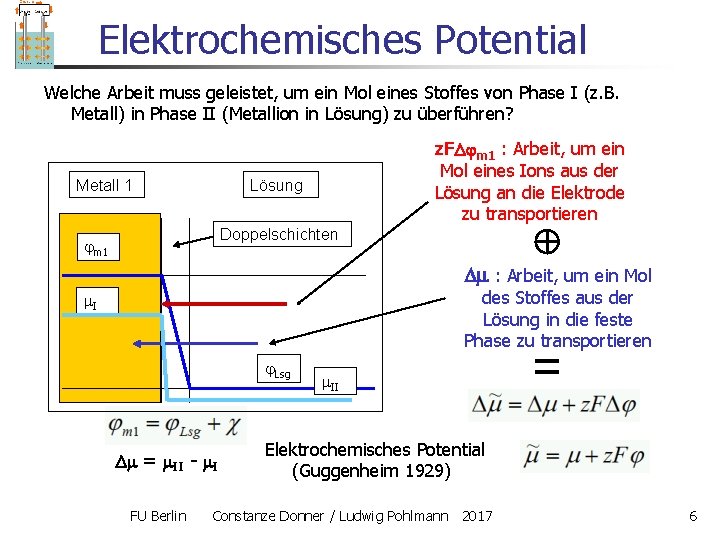 Elektrochemisches Potential Welche Arbeit muss geleistet, um ein Mol eines Stoffes von Phase I