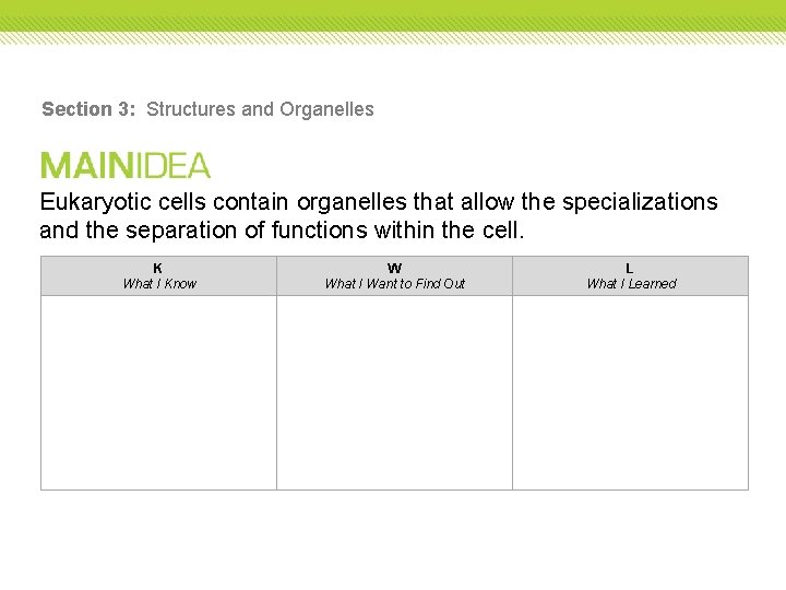 Section 3: Structures and Organelles Eukaryotic cells contain organelles that allow the specializations and Section 3: Structures and Organelles Eukaryotic cells contain organelles that allow the specializations and