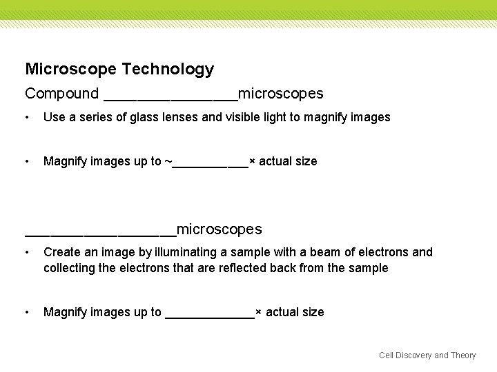 Microscope Technology Compound ________microscopes • Use a series of glass lenses and visible light Microscope Technology Compound ________microscopes • Use a series of glass lenses and visible light