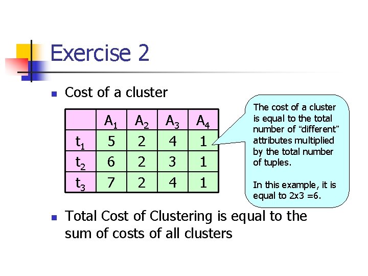 Exercise 2 n Cost of a cluster t 1 t 2 t 3 n