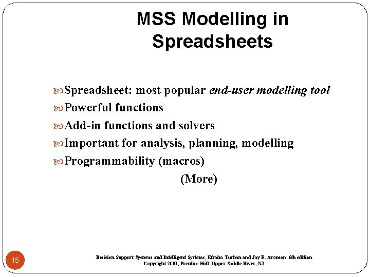 MSS Modelling in Spreadsheets Spreadsheet: most popular end-user modelling tool Powerful functions Add-in functions