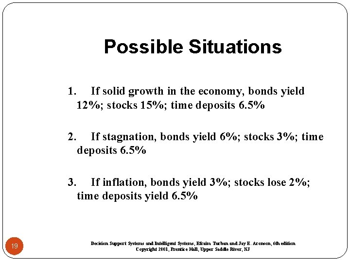 Possible Situations 1. If solid growth in the economy, bonds yield 12%; stocks 15%;