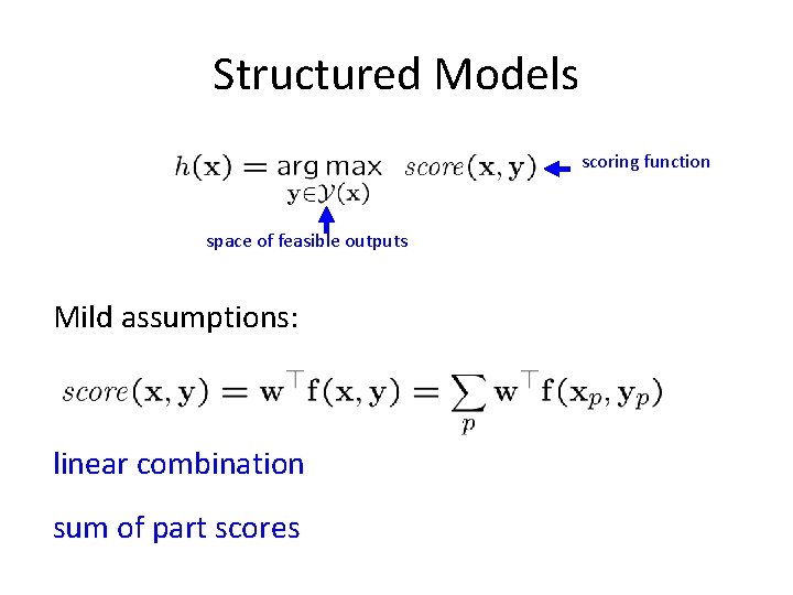 Structured Models scoring function space of feasible outputs Mild assumptions: linear combination sum of