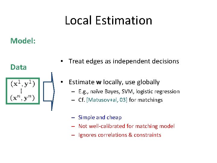 Local Estimation Model: Data • Treat edges as independent decisions • Estimate w locally,