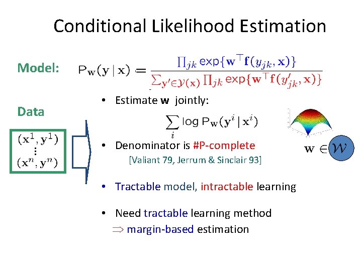 Conditional Likelihood Estimation Model: Data • Estimate w jointly: • Denominator is #P-complete [Valiant