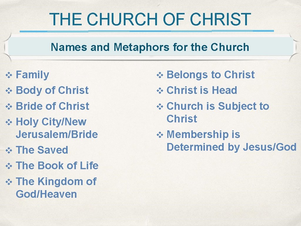 THE CHURCH OF CHRIST Names and Metaphors for the Church v Family v Belongs