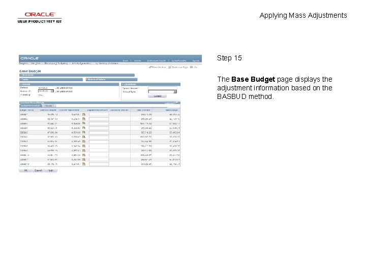 Applying Mass Adjustments Step 15 The Base Budget page displays the adjustment information based