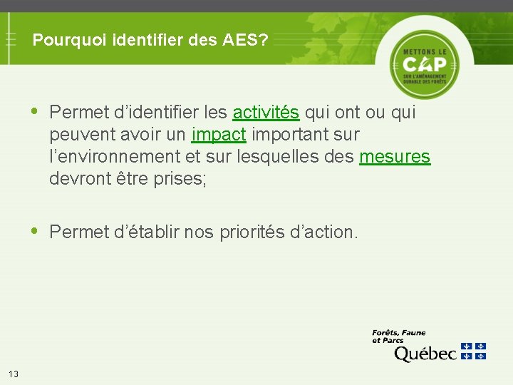 Pourquoi identifier des AES? Permet d’identifier les activités qui ont ou qui peuvent avoir