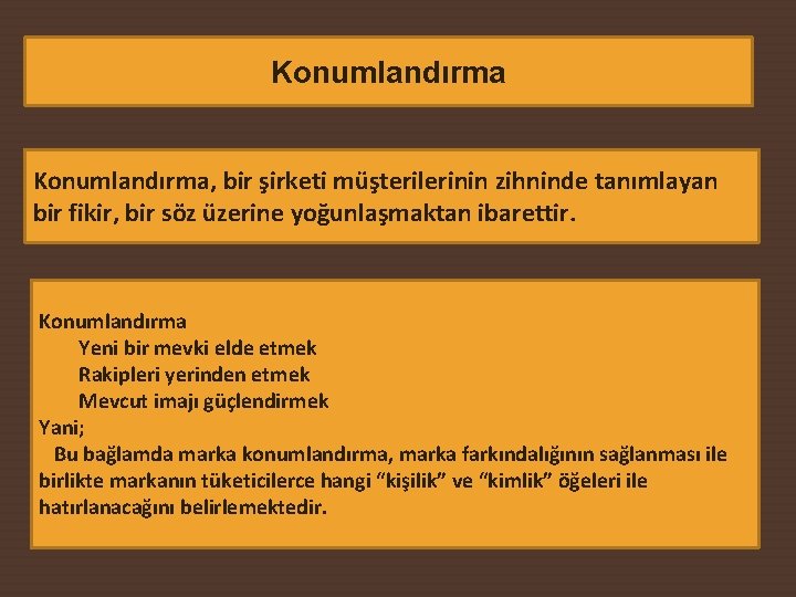 Konumlandırma, bir şirketi müşterilerinin zihninde tanımlayan bir fikir, bir söz üzerine yoğunlaşmaktan ibarettir. Konumlandırma