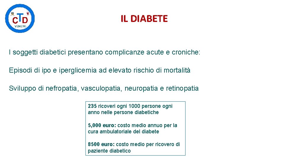 IL DIABETE I soggetti diabetici presentano complicanze acute e croniche: Episodi di ipo e