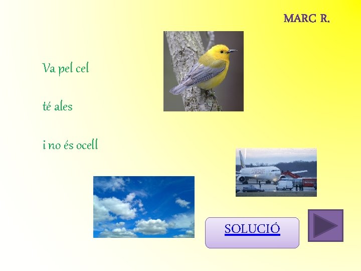 Va pel cel té ales i no és ocell SOLUCIÓ Va pel cel té ales i no és ocell SOLUCIÓ