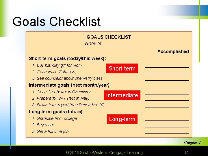 Goals Checklist GOALS CHECKLIST Week of ______ Accomplished Short-term goals (today/this week): 1. Buy