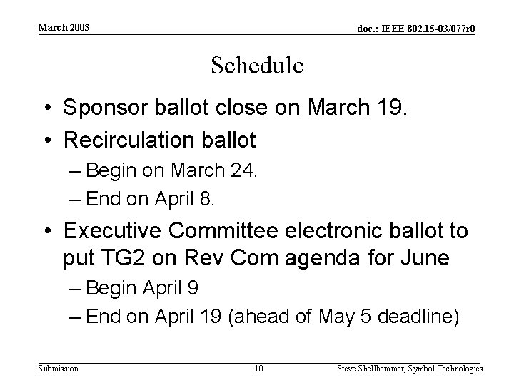 March 2003 doc. : IEEE 802. 15 -03/077 r 0 Schedule • Sponsor ballot