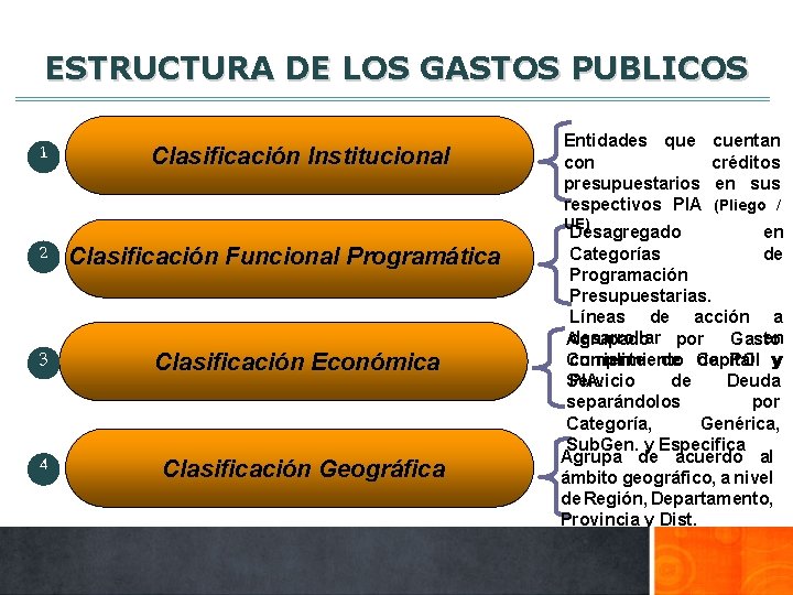 ESTRUCTURA DE LOS GASTOS PUBLICOS 1 Clasificación Institucional Entidades que con presupuestarios respectivos PIA