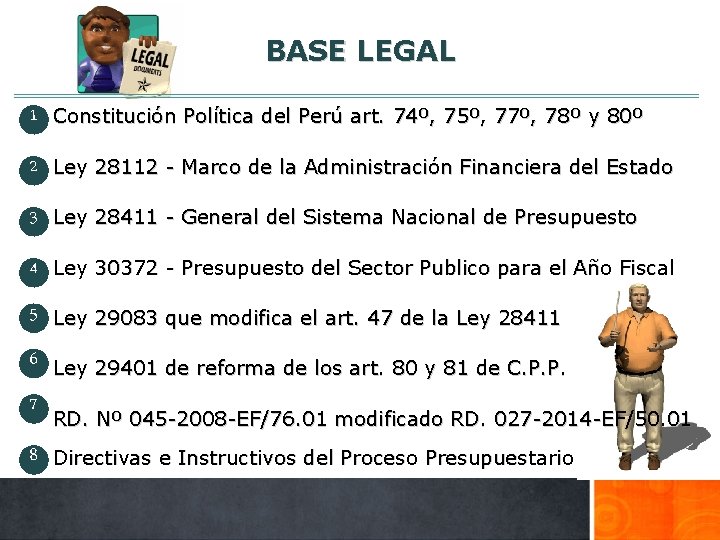 BASE LEGAL 1 Constitución Política del Perú art. 74º, 75º, 77º, 78º y 80º