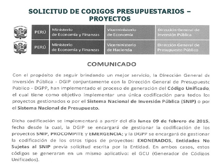 SOLICITUD DE CODIGOS PRESUPUESTARIOS – PROYECTOS 