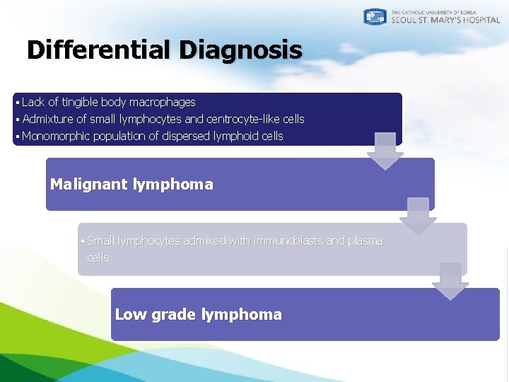 Differential Diagnosis ▪ Lack of tingible body macrophages ▪ Admixture of small lymphocytes and