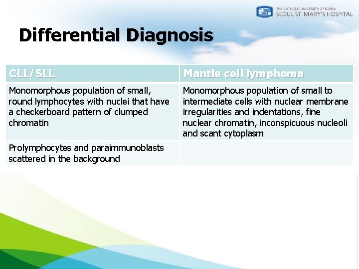 Differential Diagnosis CLL/SLL Mantle cell lymphoma Monomorphous population of small, round lymphocytes with nuclei