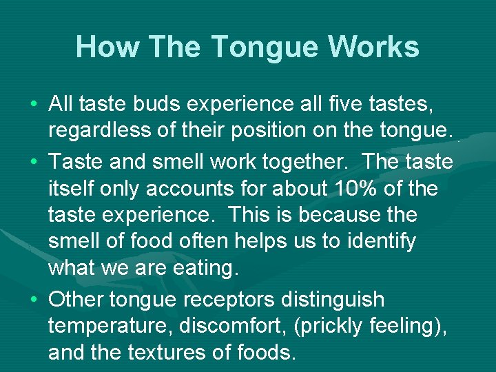 How The Tongue Works • All taste buds experience all five tastes, regardless of