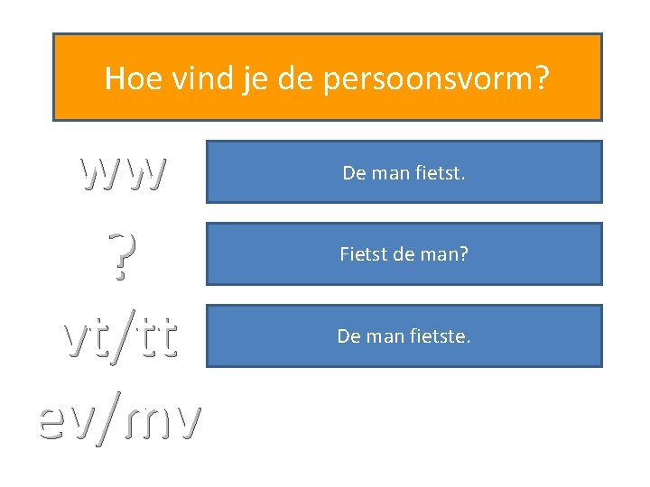 Hoe vind je de persoonsvorm? ww De man fietst. ? Fietst de man? vt/tt