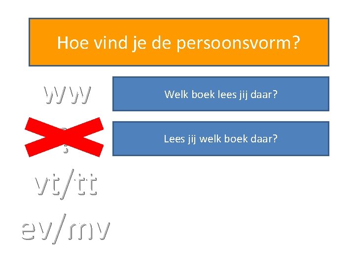 Hoe vind je de persoonsvorm? ww Welk boek lees jij daar? ? Lees jij