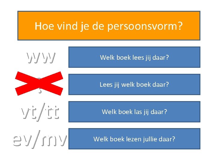 Hoe vind je de persoonsvorm? ww Welk boek lees jij daar? ? Lees jij