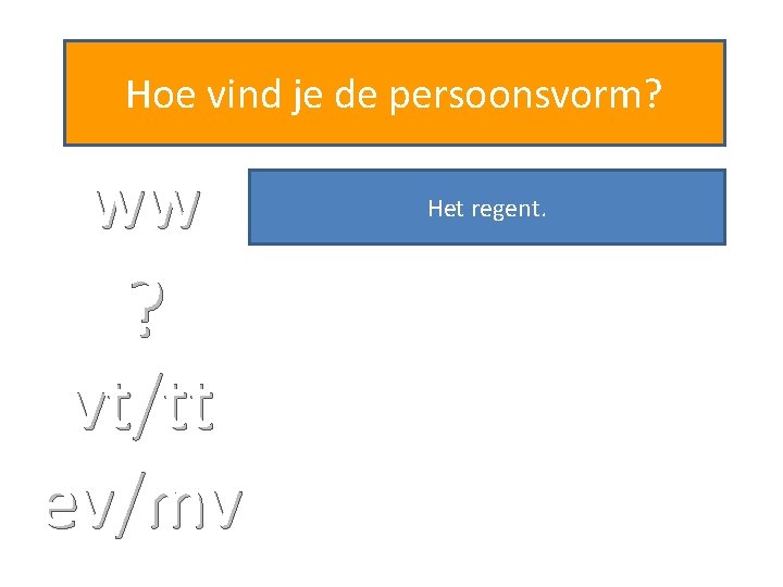 Hoe vind je de persoonsvorm? ww ? vt/tt ev/mv Het regent. 