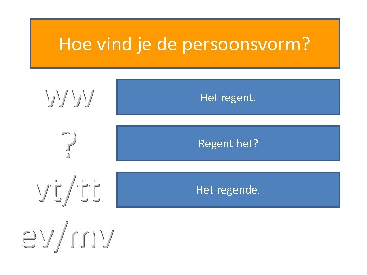 Hoe vind je de persoonsvorm? ww Het regent. ? Regent het? vt/tt ev/mv Het