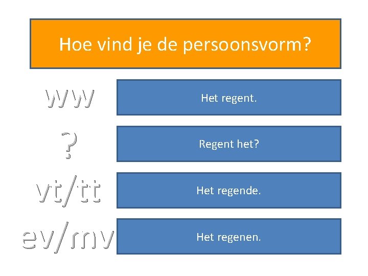 Hoe vind je de persoonsvorm? ww Het regent. ? Regent het? vt/tt ev/mv Het