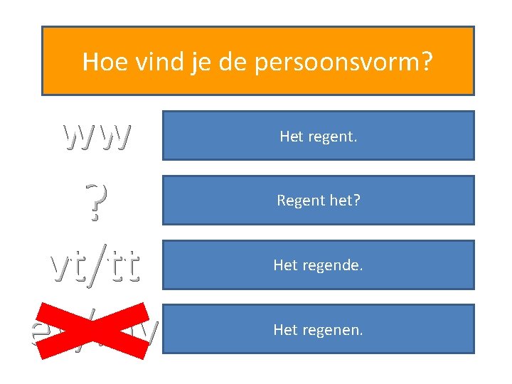 Hoe vind je de persoonsvorm? ww Het regent. ? Regent het? vt/tt ev/mv Het