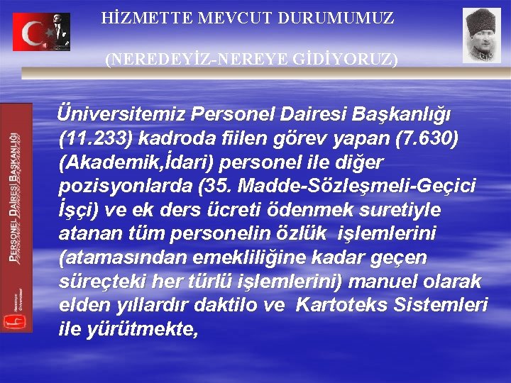 HİZMETTE MEVCUT DURUMUMUZ (NEREDEYİZ-NEREYE GİDİYORUZ) Üniversitemiz Personel Dairesi Başkanlığı (11. 233) kadroda fiilen görev