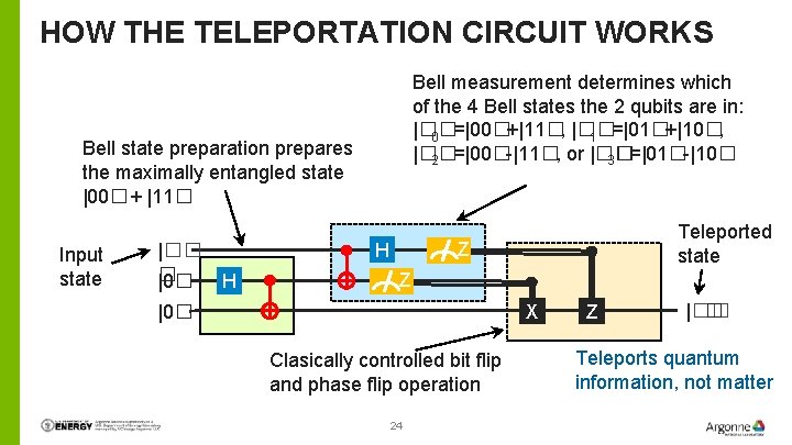 HOW THE TELEPORTATION CIRCUIT WORKS Bell measurement determines which of the 4 Bell states HOW THE TELEPORTATION CIRCUIT WORKS Bell measurement determines which of the 4 Bell states