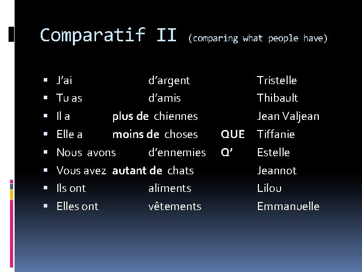 Comparatif II J’ai (comparing what people have) d’argent Tu as d’amis Il a plus