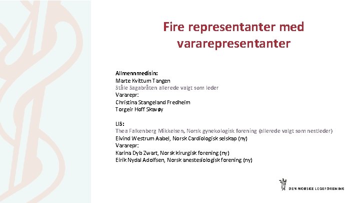 Fire representanter med vararepresentanter Allmennmedisin: Marte Kvittum Tangen Ståle Sagabråten allerede valgt som leder