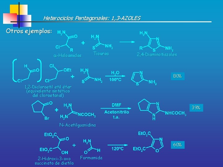 Heterociclos Pentagonales: 1, 3 -AZOLES Otros ejemplos: -Haloamidas Tiourea 2, 4 -Diaminotiazoles 80% 1,