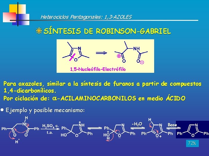 Heterociclos Pentagonales: 1, 3 -AZOLES SÍNTESIS DE ROBINSON-GABRIEL 1, 5 -Nucleófilo-Electrófilo Para oxazoles, similar