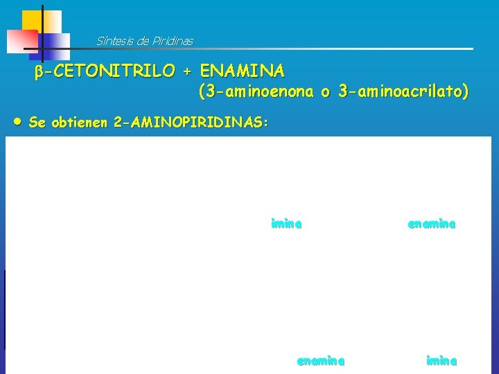 Síntesis de Piridinas -CETONITRILO + ENAMINA (3 -aminoenona o 3 -aminoacrilato) Se obtienen 2