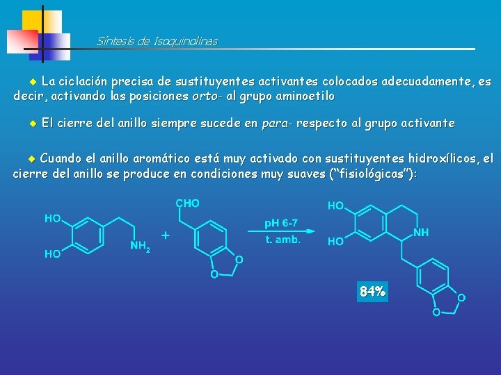 Síntesis de Isoquinolinas La ciclación precisa de sustituyentes activantes colocados adecuadamente, es decir, activando