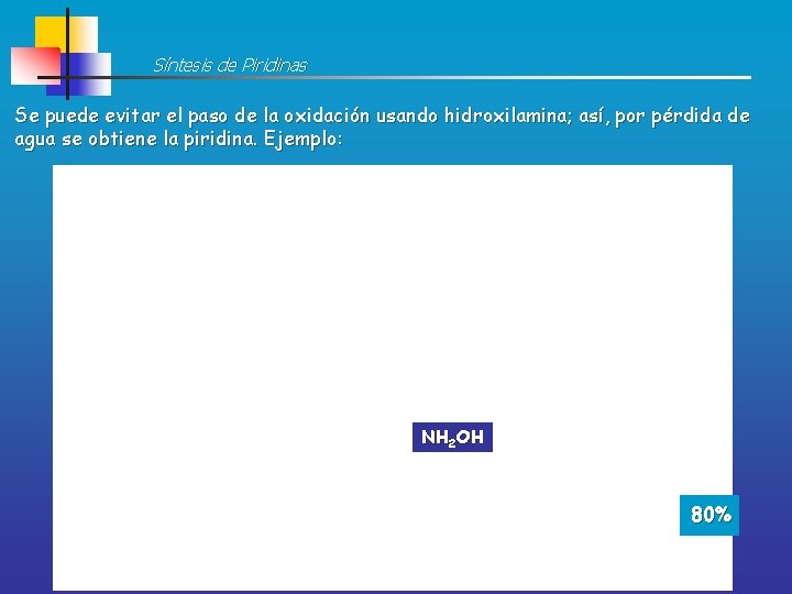 Síntesis de Piridinas Se puede evitar el paso de la oxidación usando hidroxilamina; así,