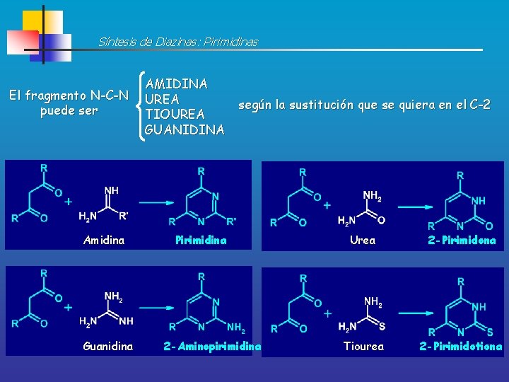 Síntesis de Diazinas: Pirimidinas El fragmento N-C-N puede ser Amidina Guanidina AMIDINA UREA TIOUREA