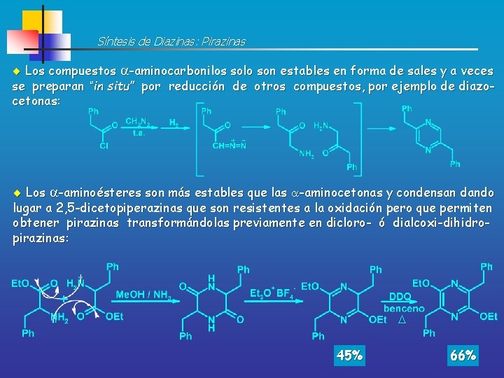 Síntesis de Diazinas: Pirazinas Los compuestos -aminocarbonilos solo son estables en forma de sales