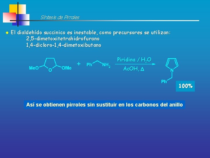 Síntesis de Pirroles El dialdehído succinico es inestable, como precursores se utilizan: 2, 5